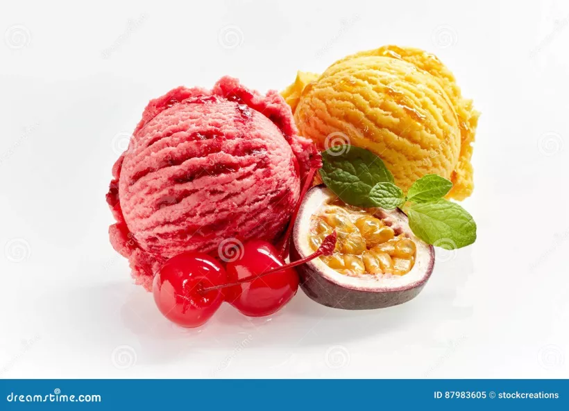 Fruit ice cream scoops served with passion fruit and candied cherries