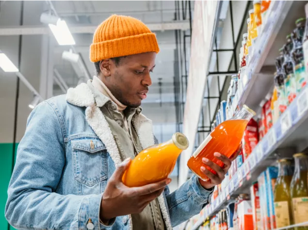 Man in shopping aisle looking at 2 drink bottles