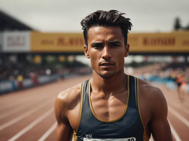 Male athlete running on athletics track