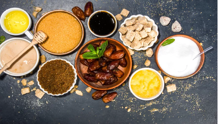 Various fruit sugar, molasses, dates, coconut date sugar, maple syrup