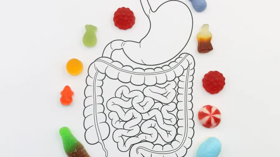Image of the gut surrounded by sweets