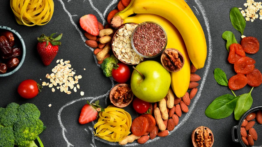 Image of the gut surrounded by healthy food